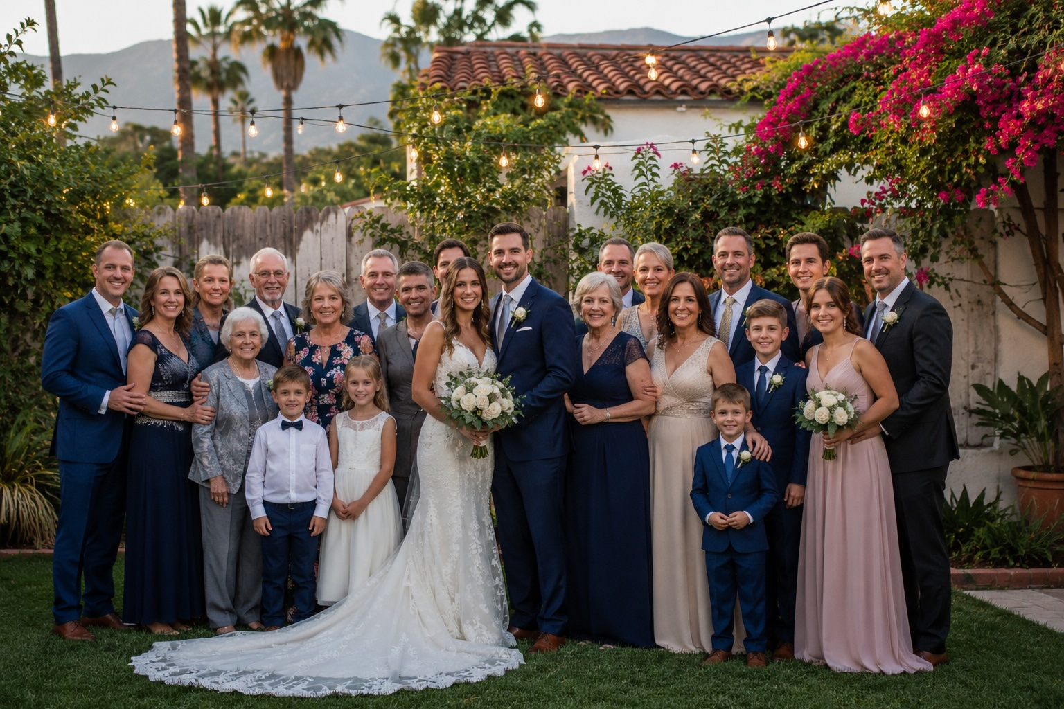 Multigenerational wedding party gathered in a Santa Barbara backyard with Spanish-style architecture, lush gardens, mountains, and string lights.